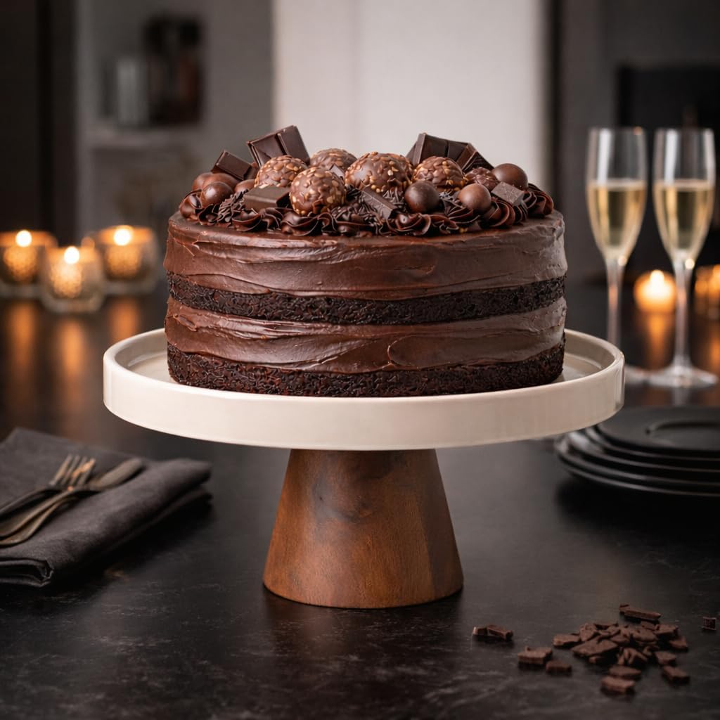 10.7-Inch Stoneware Cake Stand with Acacia Wood Base - Taupe Round Dessert Display Stand for Cakes, Cupcakes & Party