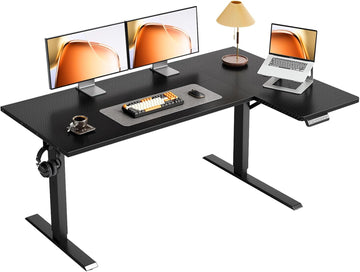 55" Reversible L Shaped Electric Standing Desk, Carbon Fiber Black | Corner Height Adjustable Computer Table, Stand