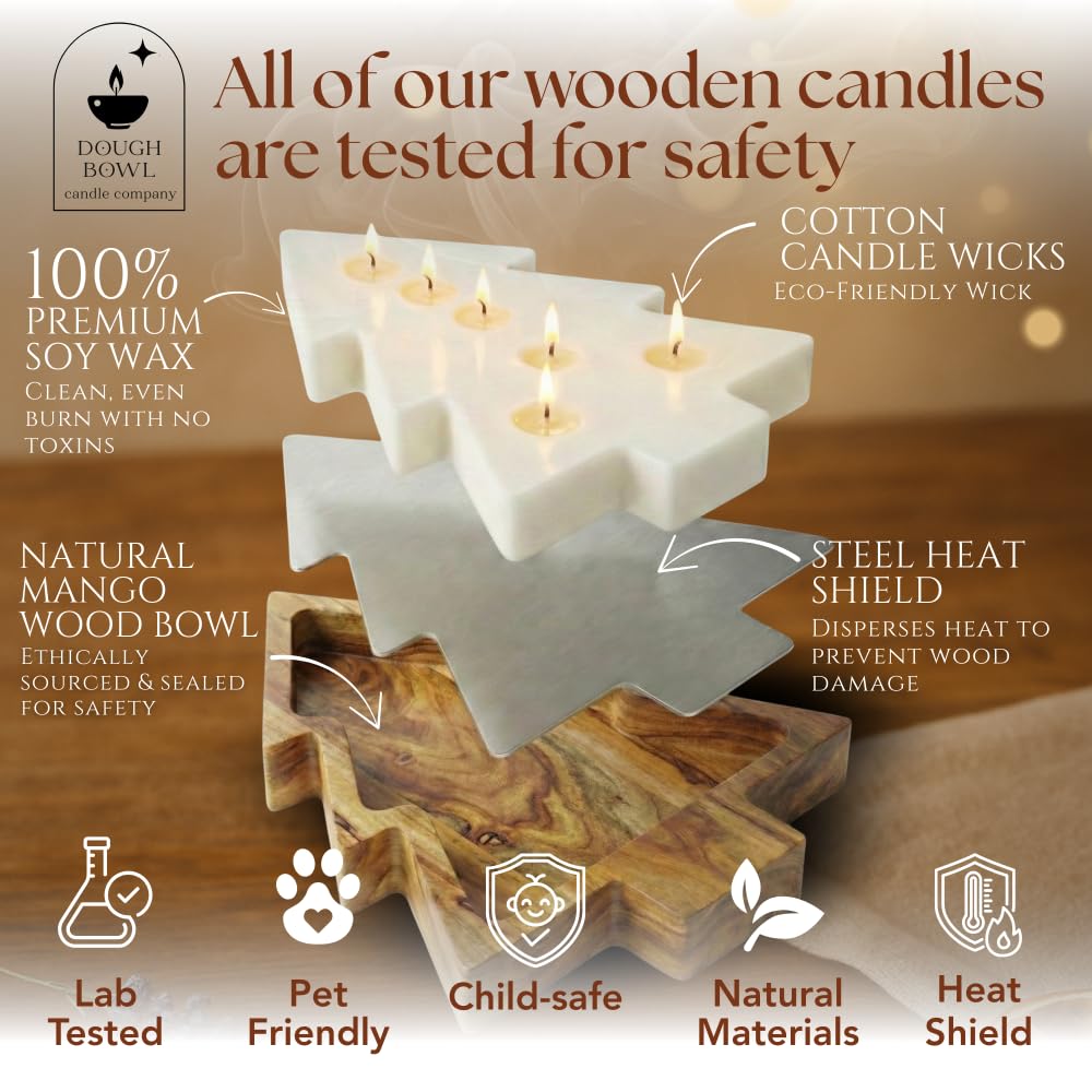 Christmas Tree Candle -11x7x2 Inch Brown Wooden Bowl in Christmas Tree Shape, 100% Soy Wax Scented Candles in