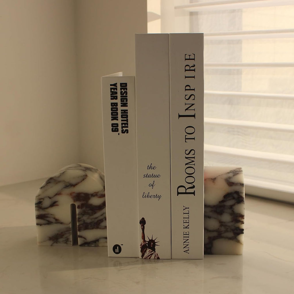 Set of 2 Natural Calacatta Viola Marble Bookends for Shelves, Decorative Book Ends for Heavy Books, Book Stopper