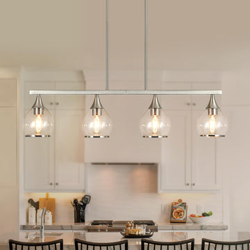 Island Light, 4-Light Brushed Nickel Island Pendant Lighting with Clear Round Glass Shades, Dining Table, Living