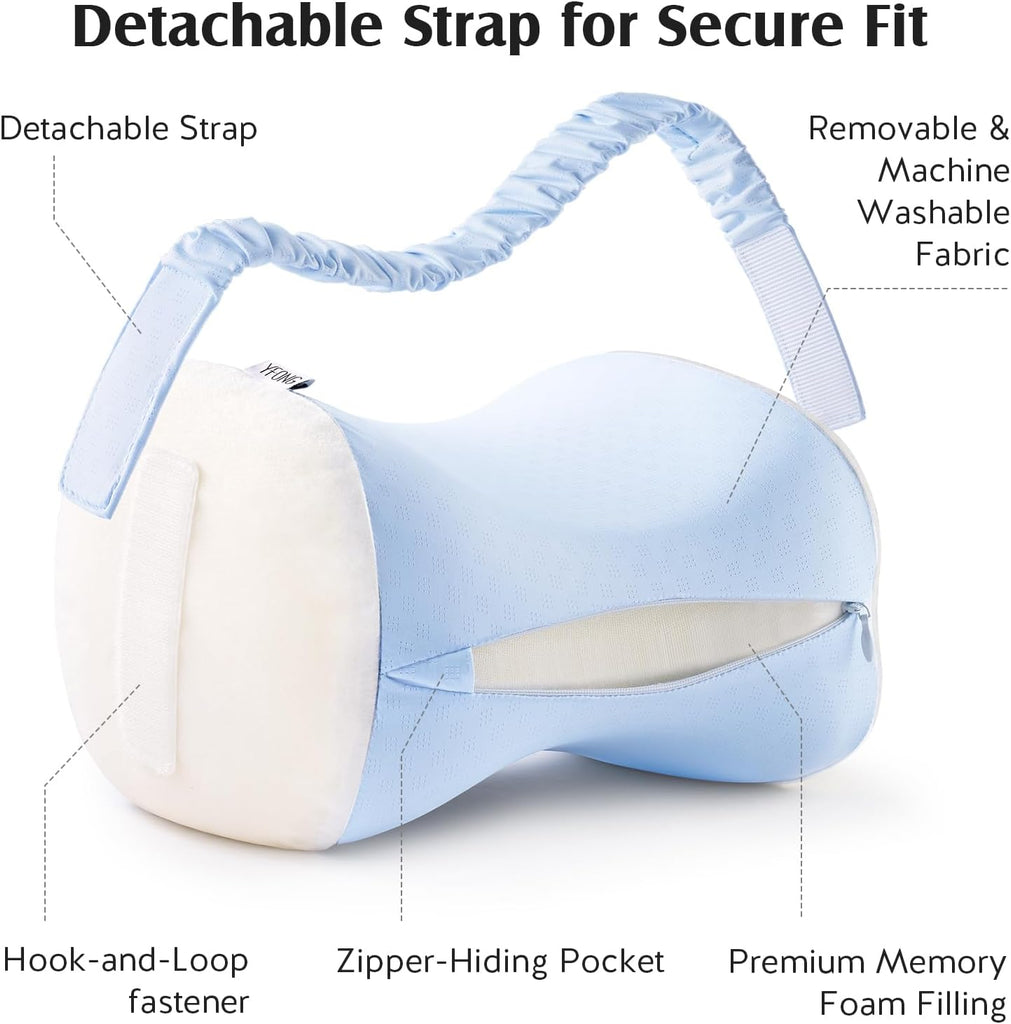 Knee Pillow for Side Sleepers, Breathable Memory Foam Leg Pillow Blue | Adjustable & Detachable Strap, Ergonomic
