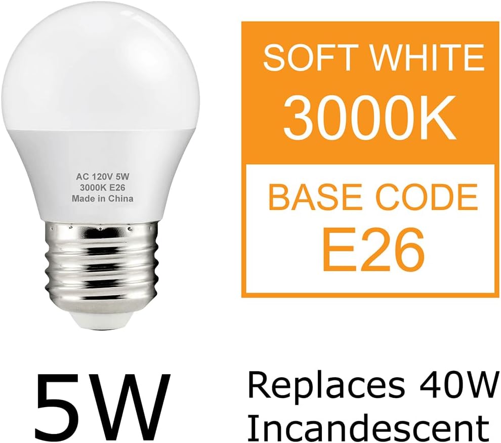 A15 LED Bulb 5W, 450 Lumens, 3000K Soft White, Small G45/A15 Shape, E26 Medium Base, 40W Equivalent Ceiling Fan