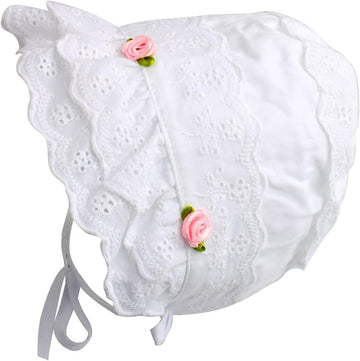 Cap Baby Girls 100% Cotton Double Brimmed Eyelet Lace Bonnet with Flowers (0-3 Months, White)