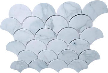Carrara White Marble Grand Fish Scale Fan Mosaic Tile Box of 10 Sheets Polished Finish Backsplash Bathroom Floor