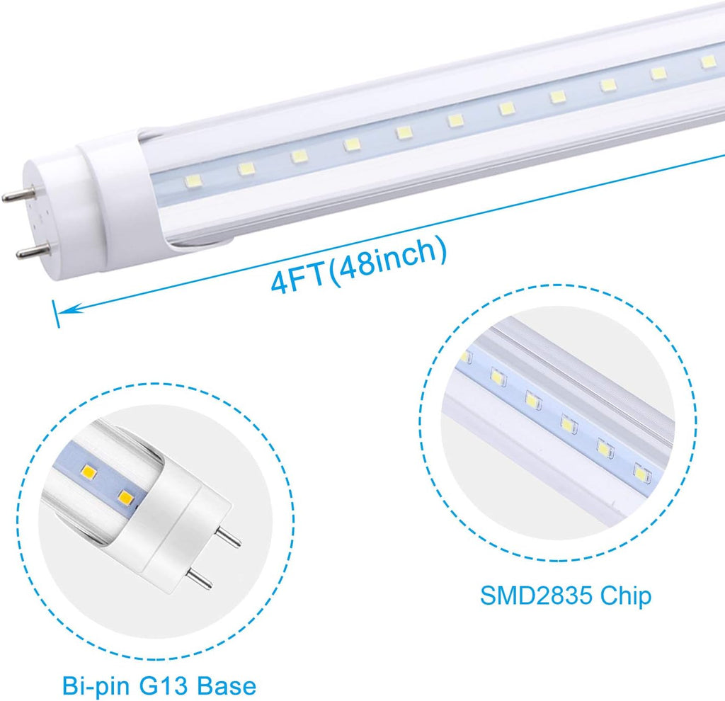 T8 4FT 48" 22W LED Tube Light, 6000K Cool White, Clear Cover, G13 Base Two Pins,Dual-End Powered, T8 T10 T12 Ballast
