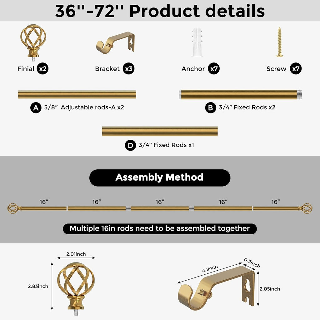 Gold Curtain Rod 36-72 Inch, Brushed Brass Decorative Curtain Rods for Windows with Twisted Cage Finials, 3/4"