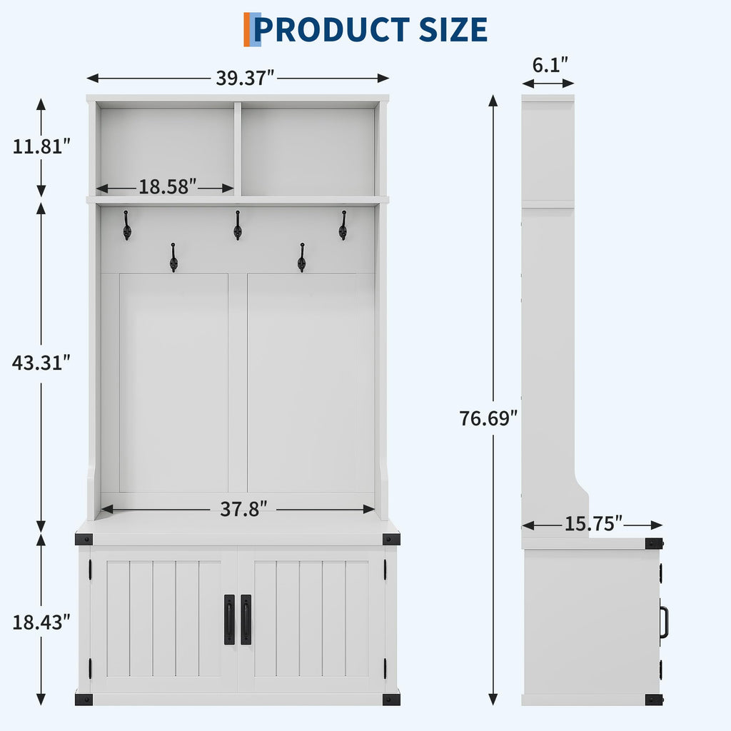 Hall Tree with Bench and Shoe Storage, 77" Tall Farmhouse Entryway Bench with Coat Rack and Mudroom Organizer