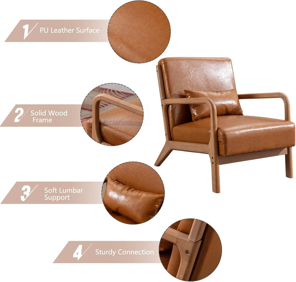 Mid Century Modern Accent Chair with Wood Frame, PU Leather Reading Armchair with Waist Cushion, Upholstered Living