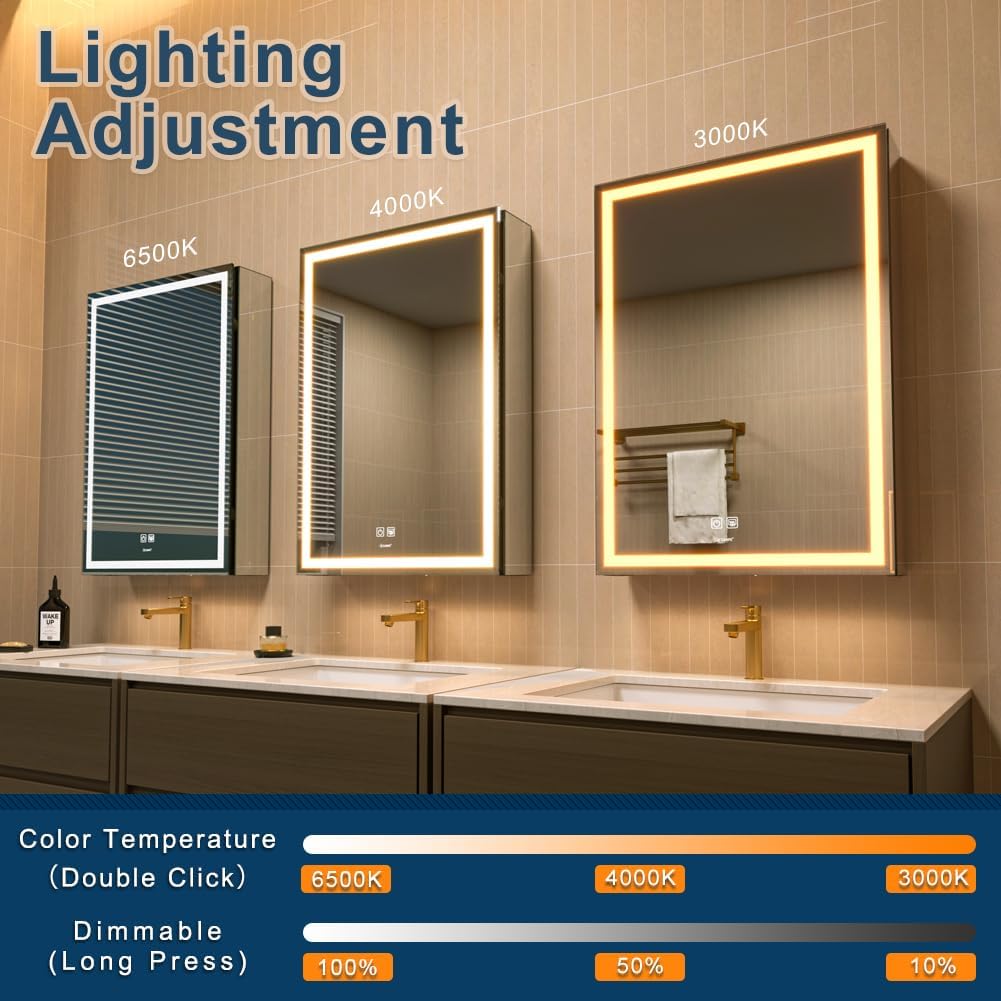 20 * 28 Right Hinge LED Bathroom Mirror Cabinet, Aluminum Medicine Cabinet | Light Adjustable, Sockets & USBs inside
