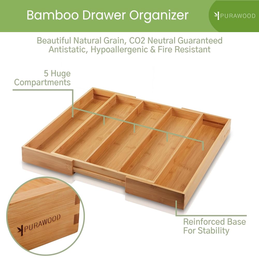 Expandable Kitchen Drawer Organizer 3-5 Slots, Natural