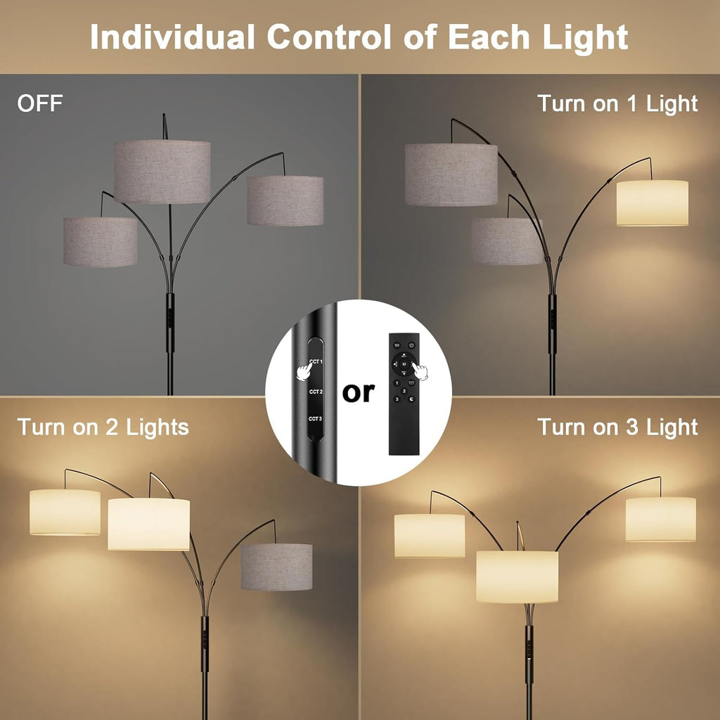 36W Corner Floor Lamp Dimmable - 3 Lights Arc Floor Lamps Standing Lamp with Remote & Touch Control, Tall Lamp Corner