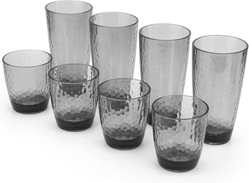 Hammered 15-ounce and 26-ounce Plastic Tumbler Acrylic Glasses, set of 8 Smoky Grey