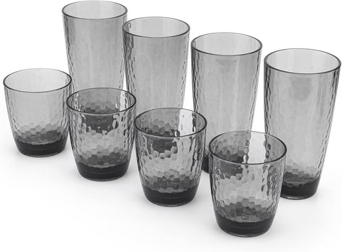Hammered 15-ounce and 26-ounce Plastic Tumbler Acrylic Glasses, set of 8 Smoky Grey