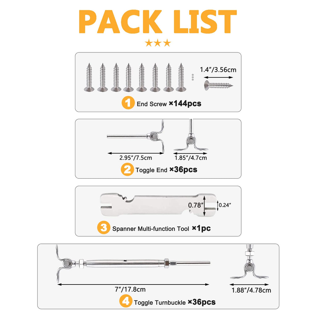36 Pairs T316 Stainless Steel Cable Railing Kit Fit 1/8" Wire Rope