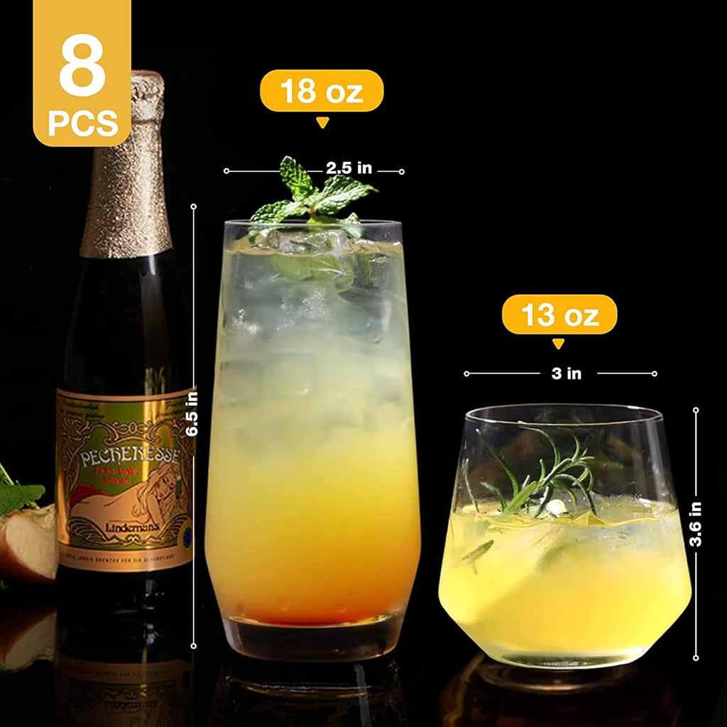 Drinking Glasses Set of 8-4 Tall Glass Cups 18 oz & 4 Short Stemless Wine Glasses 13 oz, Highball Glasses, Glassware