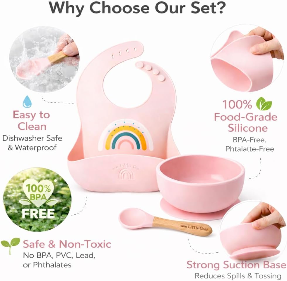 Silicone Bib and Suction Bowl Set - Baby Led Weaning Feeding Set with Adjustable Bib, Food Catcher Pocket, Strong