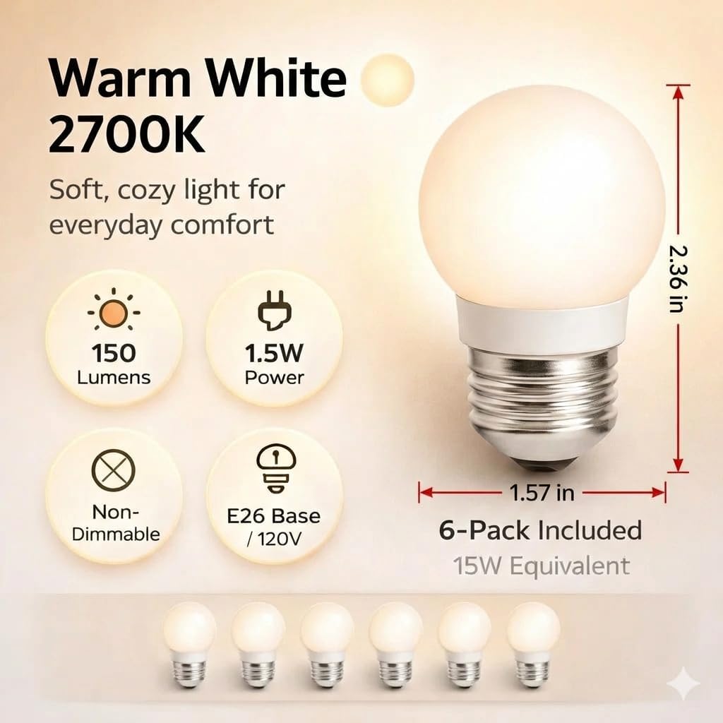 LED Globe Light Bulbs 1.5W (15W Equivalent),Soft Warm White 2700K,Frosted Glass,E26 Medium Base, 120V,150