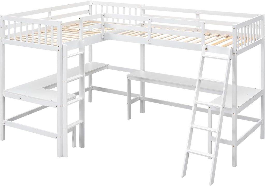 Corner Double Loft Bed with L-Shaped Desks, Twin Loft Bed with Desks & Slant Ladder for Kids Teens Adults