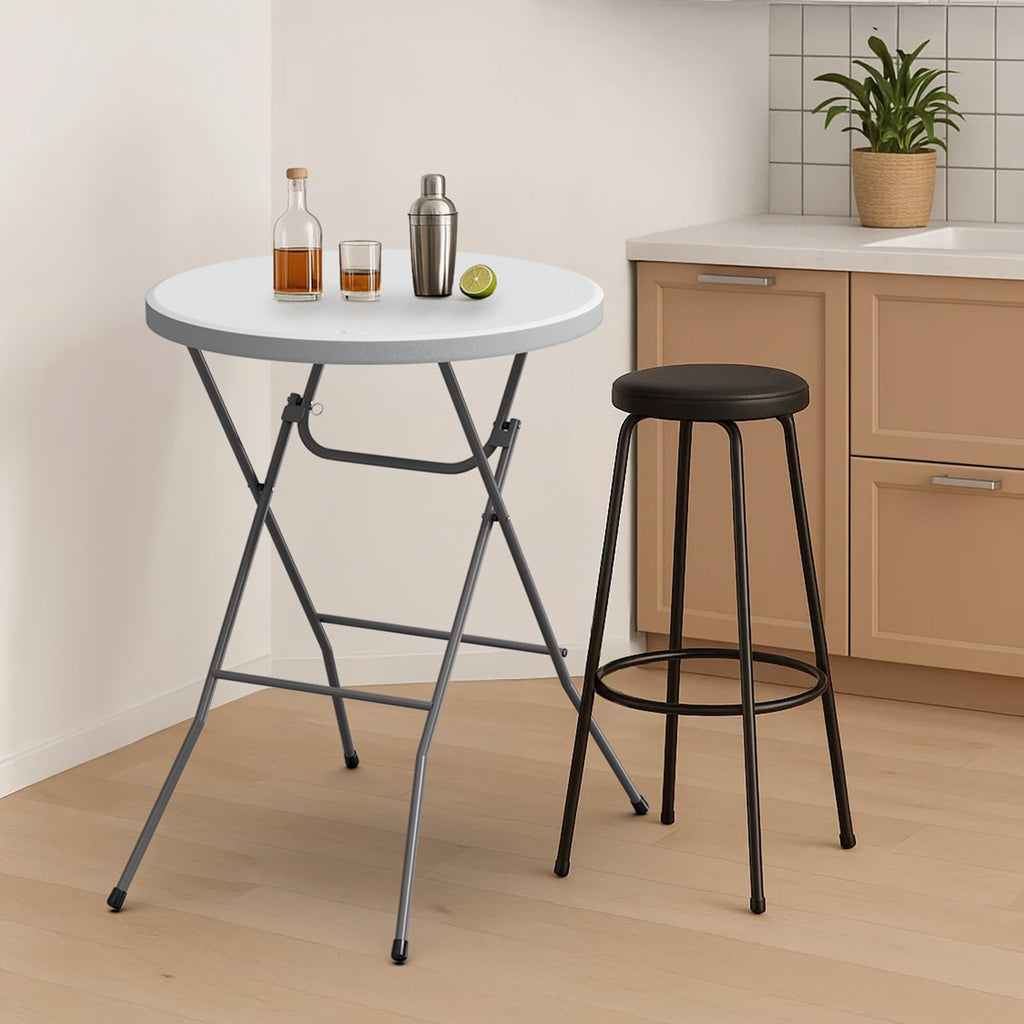 32" Plastic Folding Round Table Bar Height, HDPE Matrial with Gray Metal Finish, High Top Table for Outdoor Party