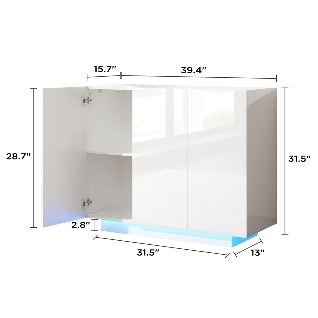 Modern 39.4" High Gloss Buffet Cabinet with LED Lights, White