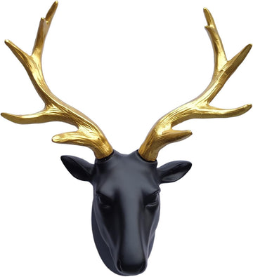 Deer Head Wall Decor-Wall Sculpture Resin Deer Head Gold Antler Faux Skull-Handmade Wall Art Hanging Rustic Animal