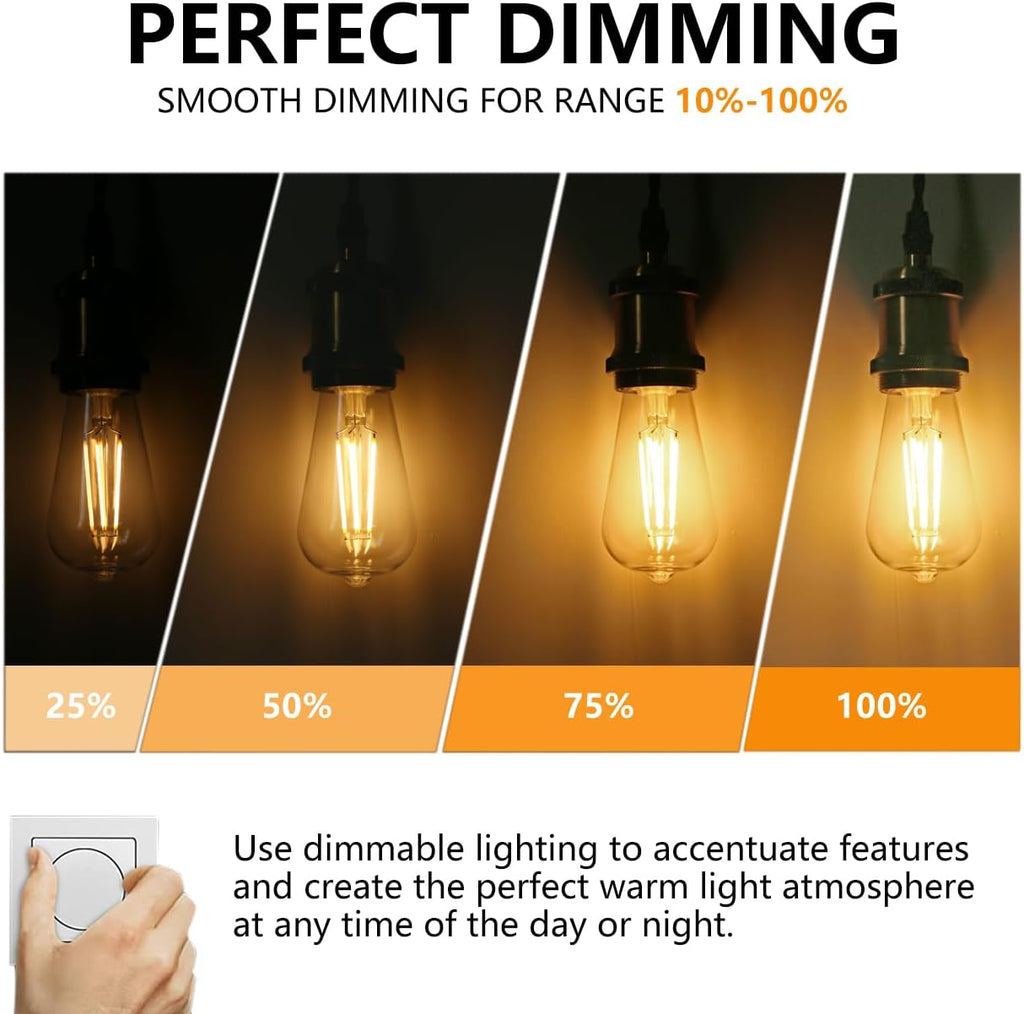 4Pack ST58/ST19 Vintage LED Edison Bulbs, Warm White 2700K, 6W Equivalent 60W LED Filament Light Bulbs, Dimmable