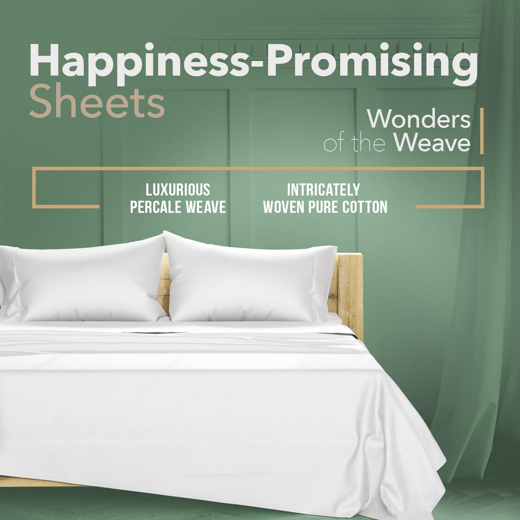 100% Organic Cotton Percale Sheets King Size - 4 PC White Organic Sheets King Set, Soft, Crisp & Cooling, Fully