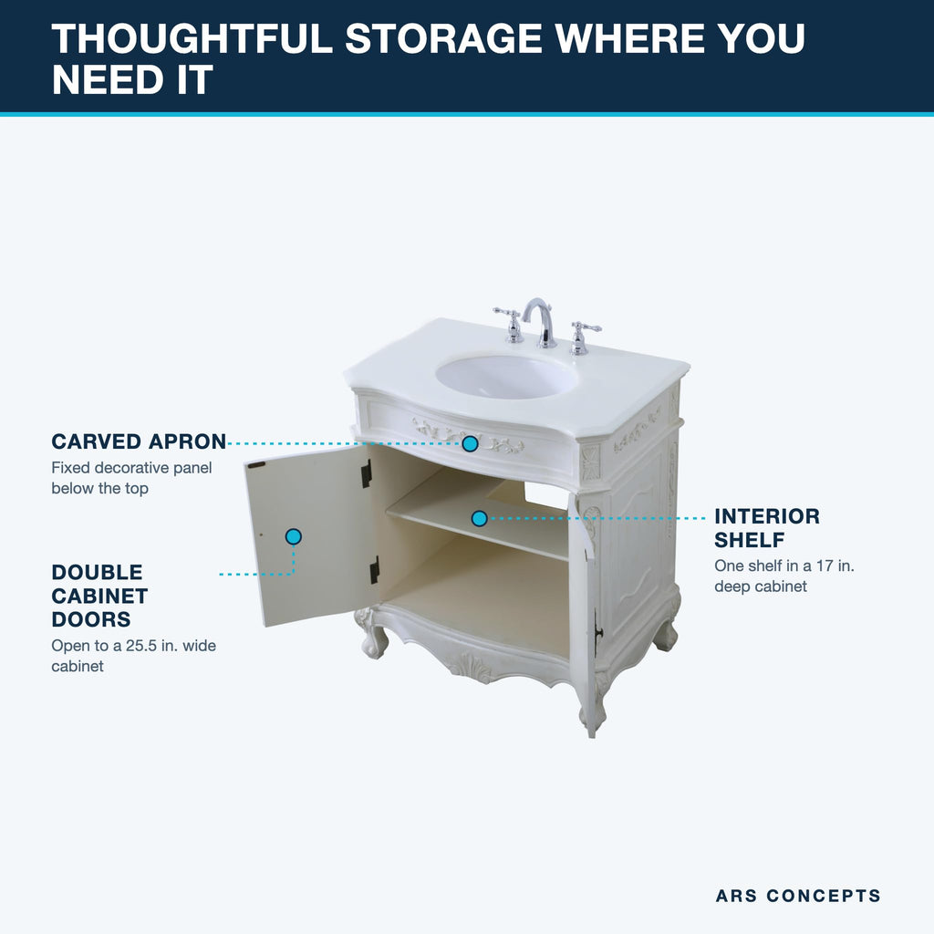 Fallon 32 Inch Pre-Assembled Bathroom Vanity with Single Sink and Engineered Marble Top, Solid Wood and MDF, Antique