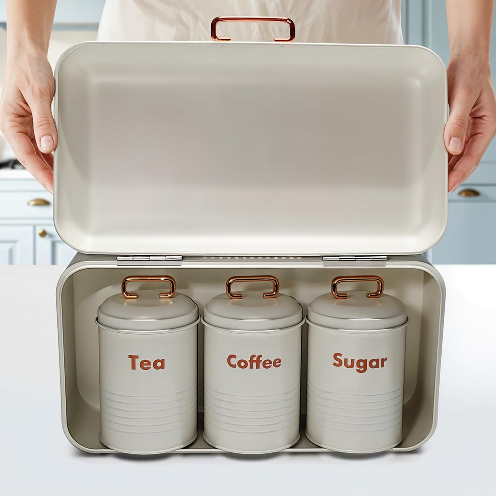 White Bread Box Countertop with Tea Coffee Sugar Containers Set - Metal Bread Storage Bin with Lid, Kitchen Canister - Set of 4