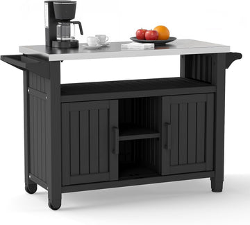 Outdoor Storage Cabinet, Patio Storage Table, Bar Table with Wheels, Outdoor Bar Cart, Poolside and Backyard, Classic