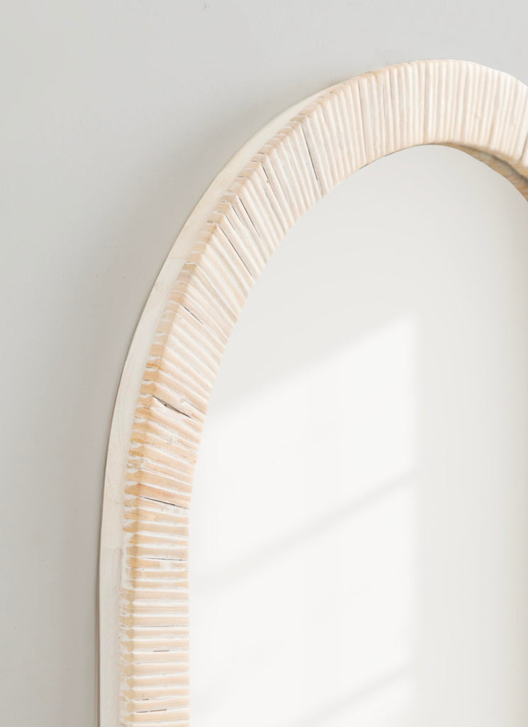 Rahfy Boho Arched Rattan Mirror; 20 x 30; White; Decorative Arch Wall Mirror with Authentic Rattan Frame for Vanity