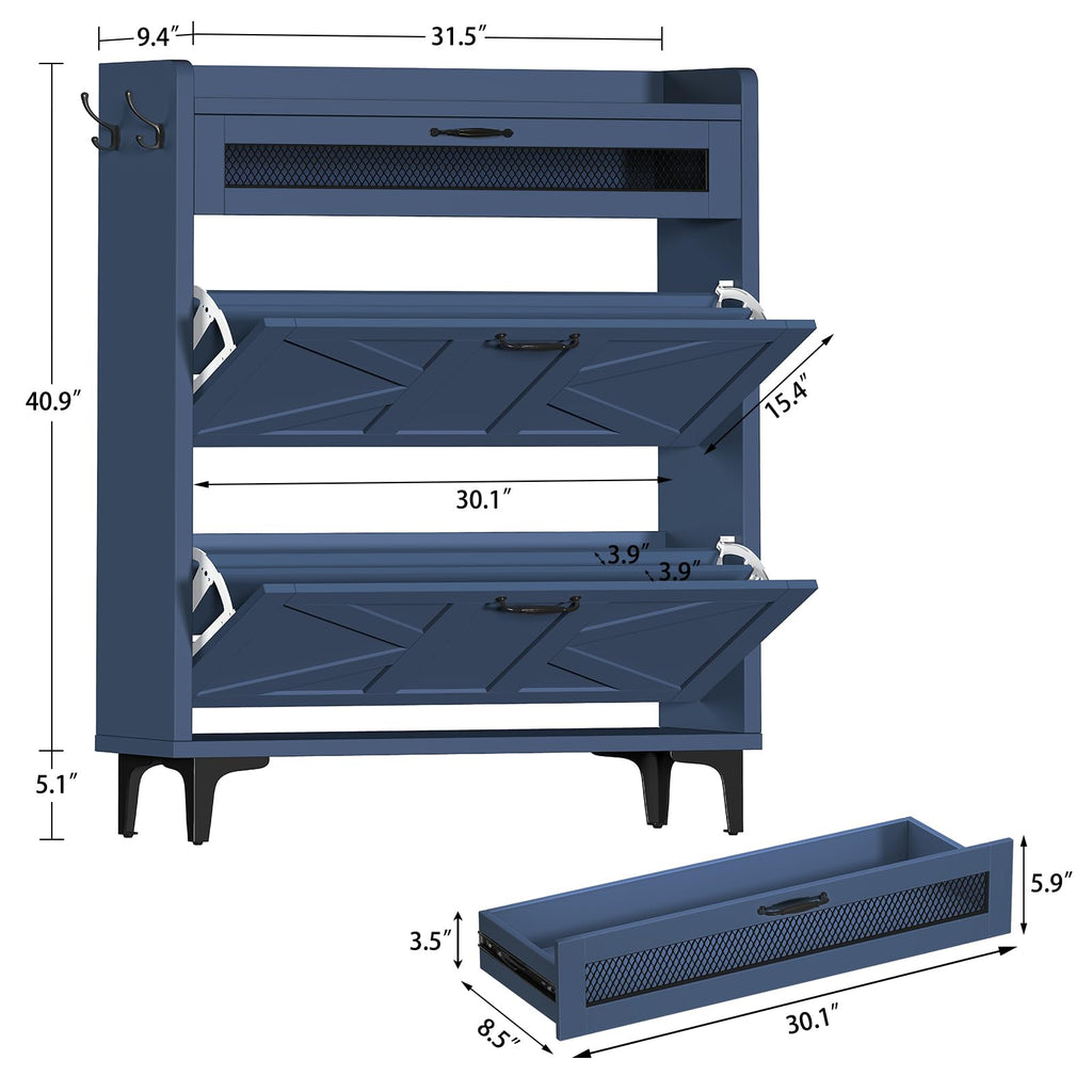 Shoe Cabinet with 2 Flip Drawers & Top Drawer, Farmhouse Narrow Shoe Storage Cabinet with Adjustable Shelves & Hooks