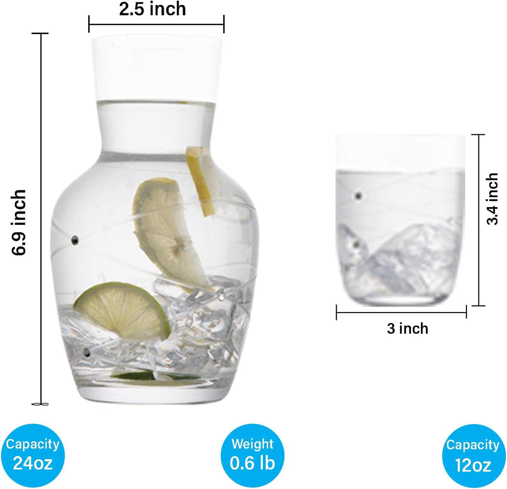 Calici Nightstand Water Carafe With Tumbler - Etched Swirl Design With Stones - 2 Piece Water Set Pitcher And Cup