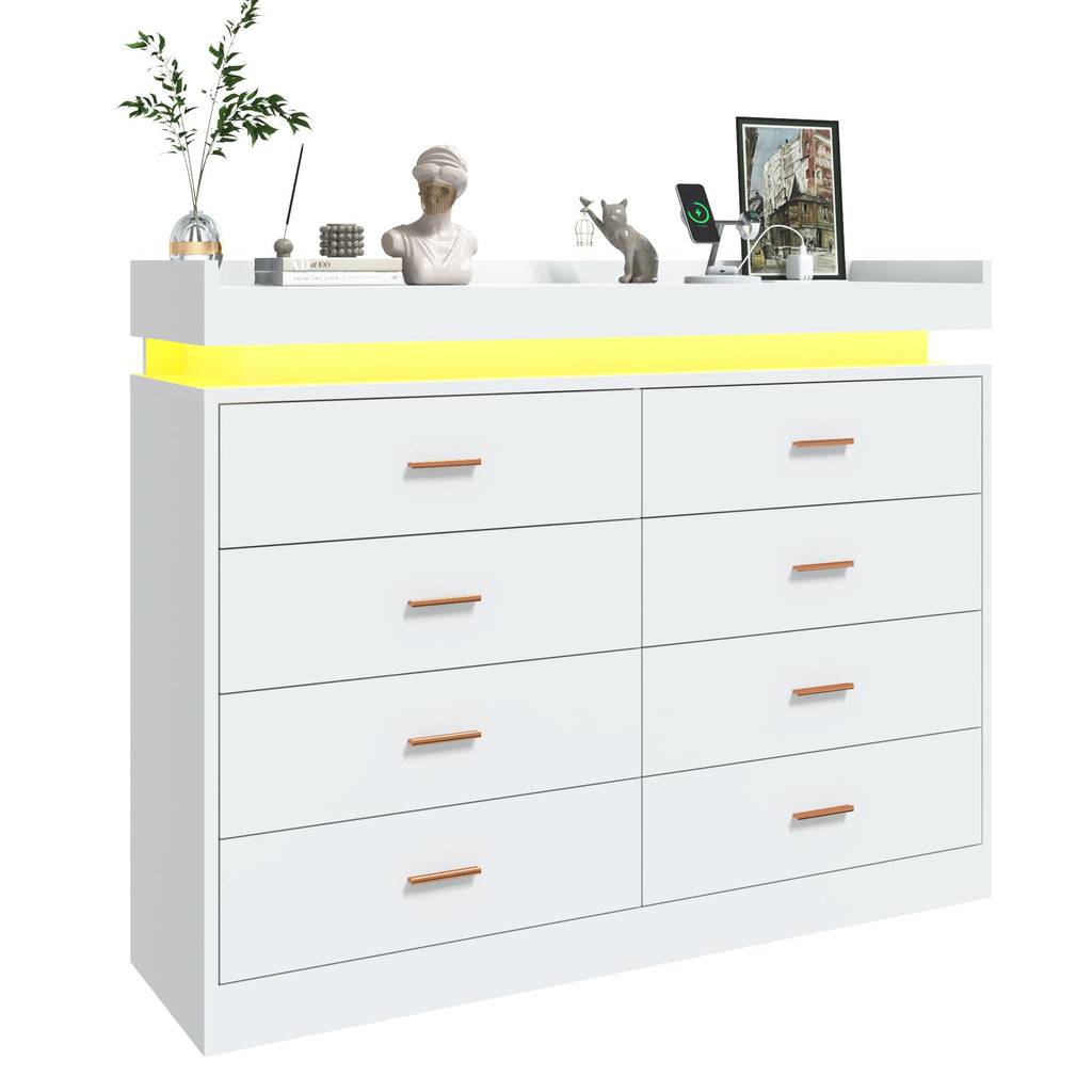 8 Drawer with Charging Station and LED Lights, Modern Chest of Drawers with Power Outlet, Organizer Cabinet, White