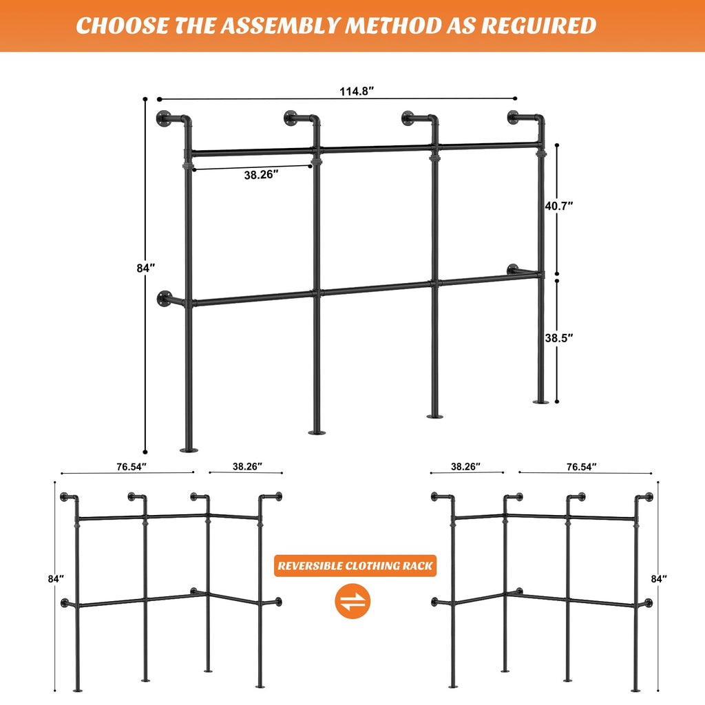 Industrial Pipe Clothing Rack, Reversible 9.85FT Clothes Rack