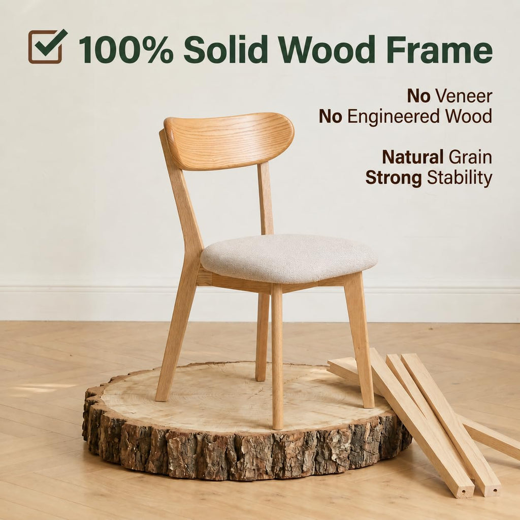 100% Solid Oak Dining Chairs Set of 2, Mid-Century Modern Dining Room Chairs, Wooden Kitchen Chairs with Beige