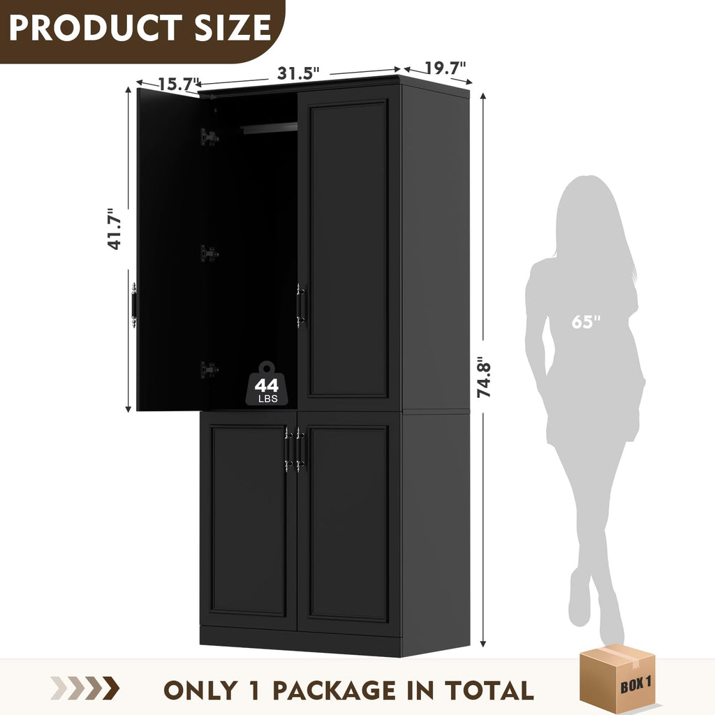 Armoire Wardrobe Closet with 4 Door, 74.8" Large Wardrobe Cabinet with Hanging Rod, Freestanding Modern Bedroom