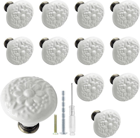 12 Pcs White Ceramic Kitchen Cabinet Knobs and Pulls, Retro Vintage Round Drawer Knobs, Decorative Closet Door Handles