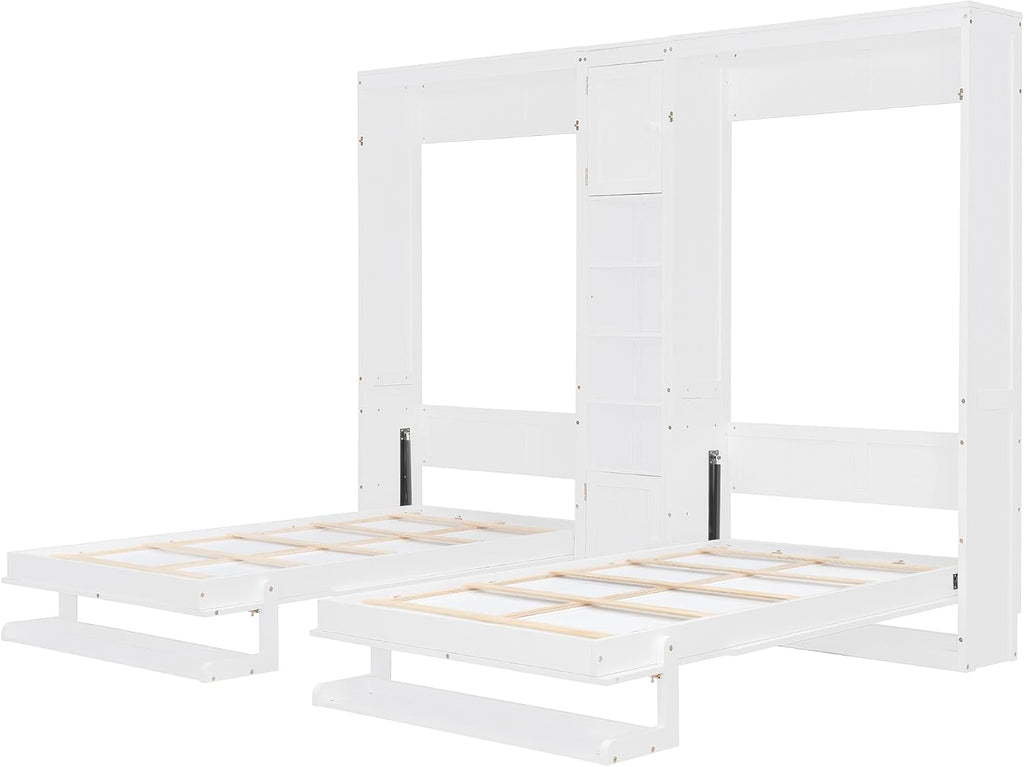 Dual Twin Murphy Bed with Cabinets and Shelves, Space Saving Wall Bed with Storage, Foldable Twin Beds with
