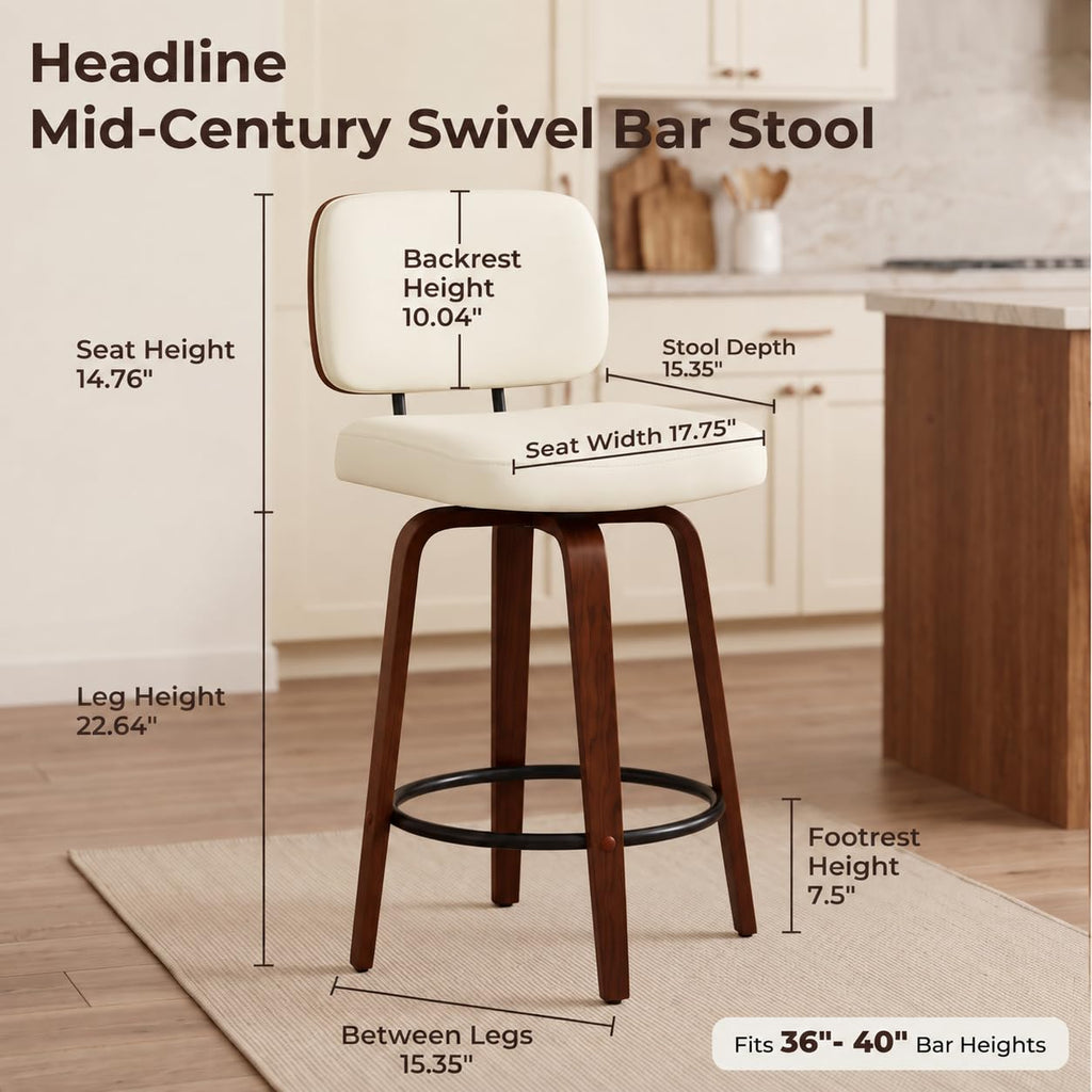 Counter Height Bar Stools Set of 3, 26+inch Swivel Faux Leather Barstool with Back, Upholstered Mid-Century Modern
