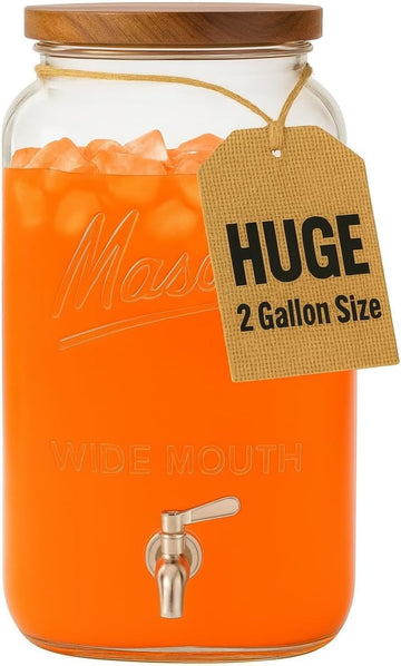 2 Gallon with Wooden Lid - Large Square Mason Jar Drink Container with Stainless Steel Spigot - Big Batch Iced Tea
