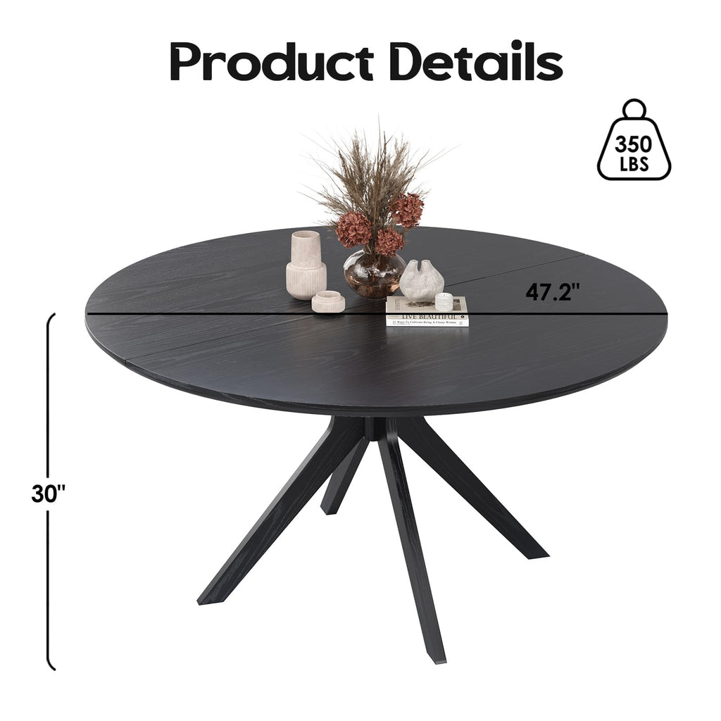47.2" Solid Wood Round Dining Table for 4-6 People with Intersecting Pedestal Base, Circle Kitchen Tables, Black