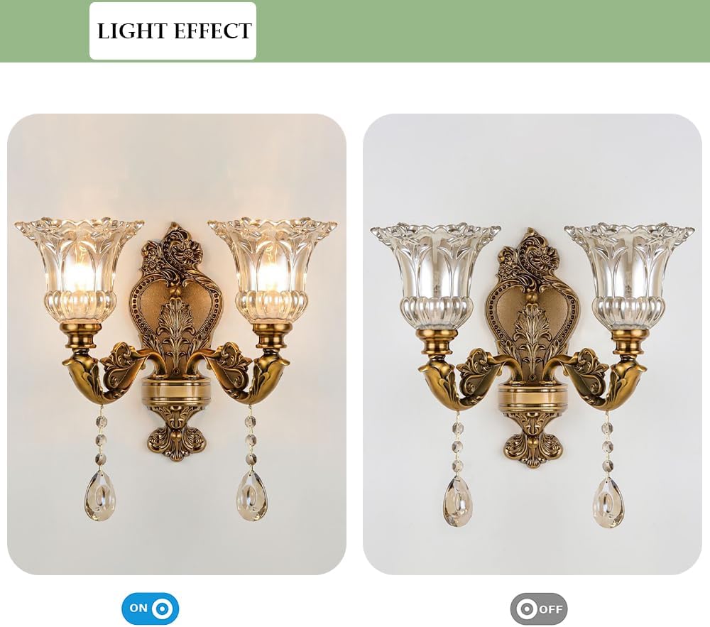 Vintage Glass Wall Sconce, Elegant Brass Wall Light, Crystal Floral Bedside Wall Lamp, Wall Mounted Lamp for