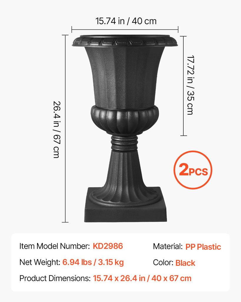 Plastic Urn Planters, 15.8 x 26.4 Inch, 2 Pack Black Classic Flower Pots Front Porch Planters, Indoor & Outdoor Vase