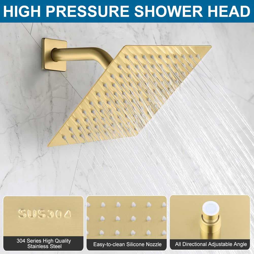 Shower Faucet Set Brushed Gold Bathroom Rainfall 8 Inch Shower Head System, Single Handle Shower Trim Kit with