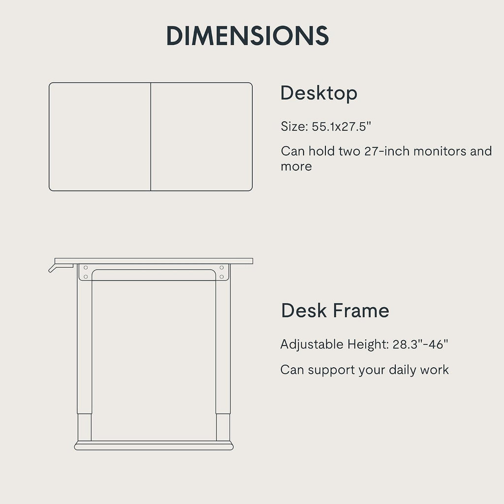 4-Leg Standing Desk, 55"x28", Electric Height Adjustable, White | Stable 4-Leg Frame, Spacious Workspace, Memory LED