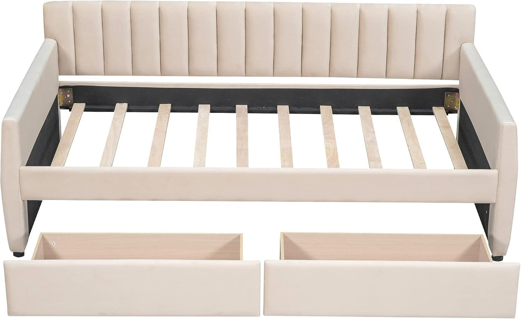 Upholstered Daybed with 2 Drawers, Twin Size Bed Frame with Storage and Wood Slat Support, Beige