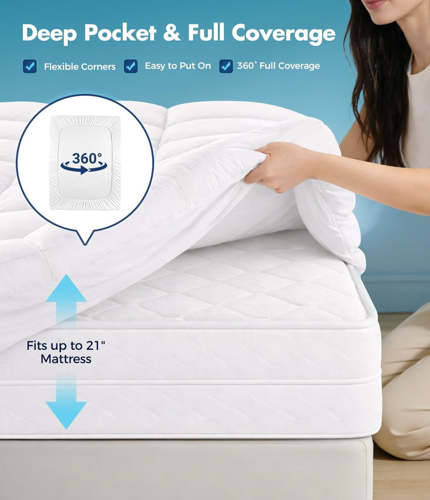 Full Cotton Mattress Topper, Extra Thick Pillow Top Mattress Pad | 100% Pure Cotton Surface, Cooling Plush Bed Cover
