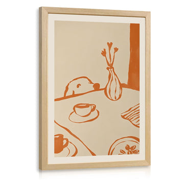 Wood Framed Minimalist Coffee Wall Art, Brown Line Drawing Kitchen Wall Decor, Scandinavian Still Life Poster Print